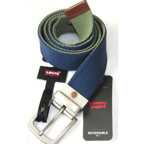 Levi's Men's Reversible Canvas Belt Navy Blue Olive Green Metal Logo Buckle NWT